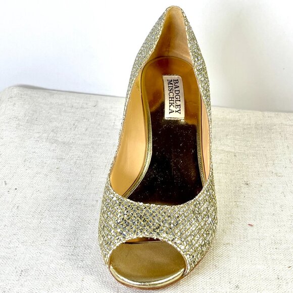 Badgley Mischka Gold Glitter Wedge Heels Size 7 1/2 - Picture 12 of 16